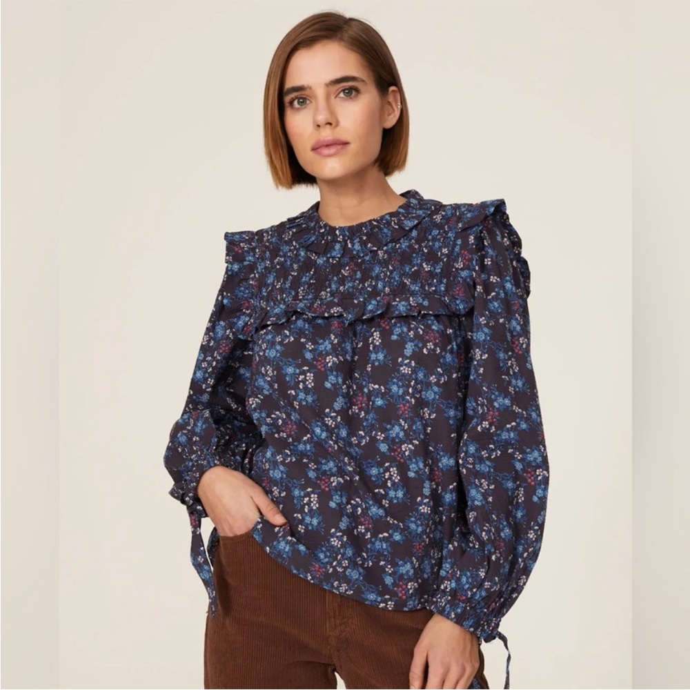 Sea New York Tilly Smocked Top Blouse Size XS 100% Cotton Floral Print Blue